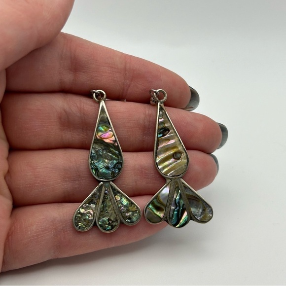 Vintage Alpaca Mexico Genuine Abalone Shell Carrot Design Dangle Pierced Earring - Picture 7 of 11
